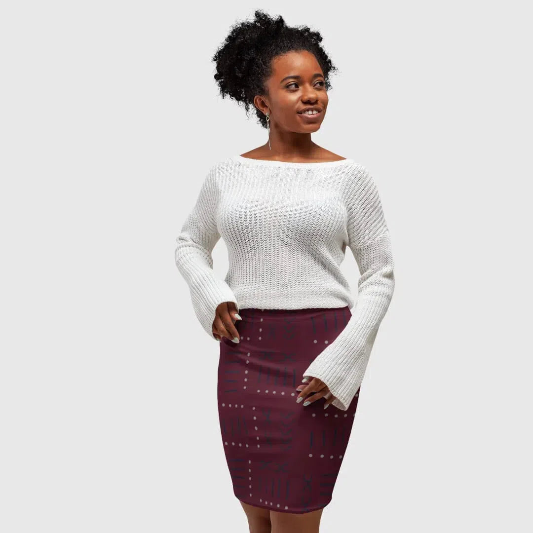 African Print Pencil Skirts Crimson with Mud Cloth Design, Fitted