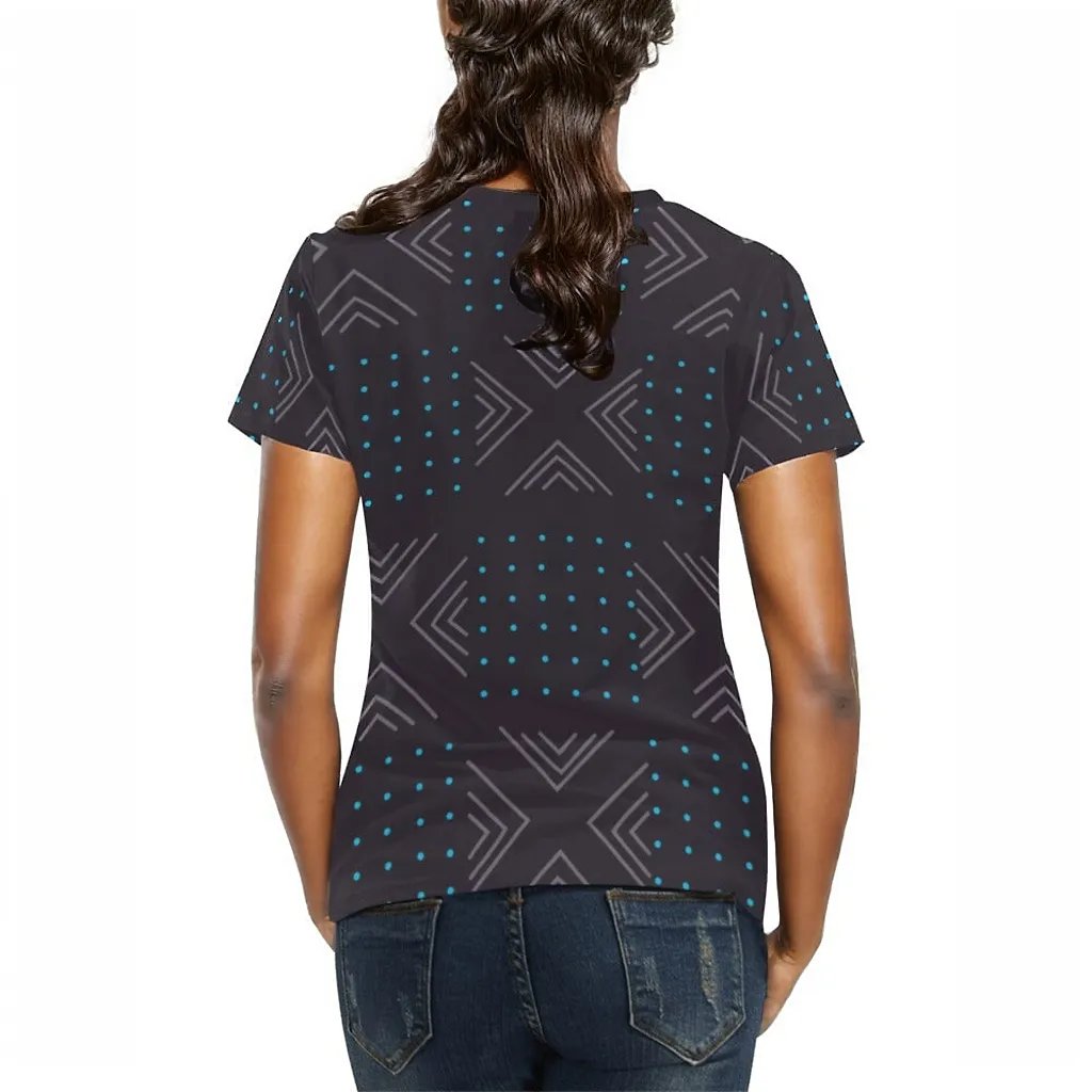 African print shirts for ladies: Geometric Dark Gray Blue T-Shirt Inkedjoy