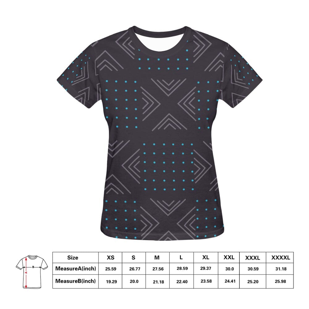 African print shirts for ladies: Geometric Dark Gray Blue T-Shirt Inkedjoy