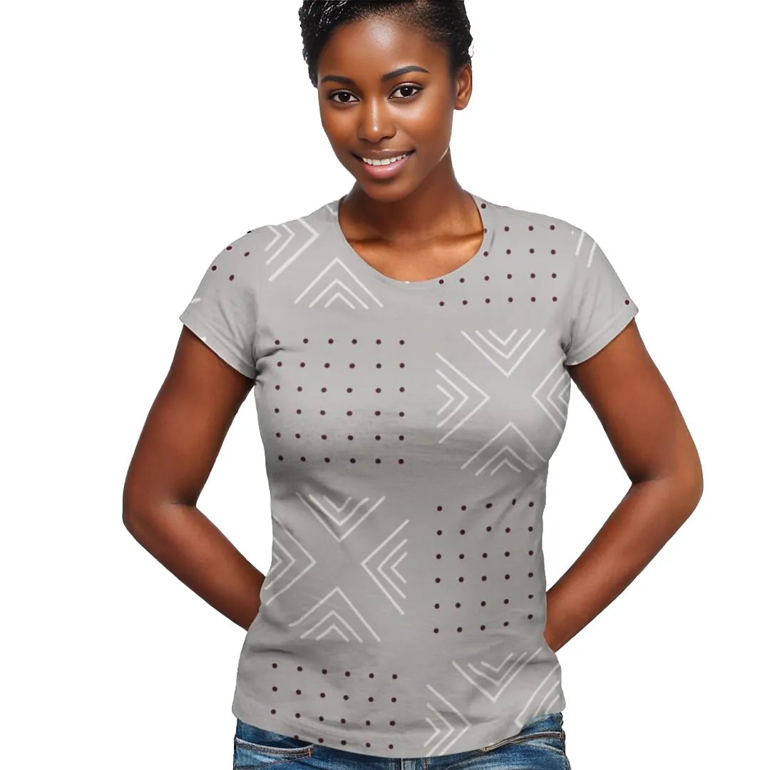 African print shirts for ladies: Geometric Gray with Red T-Shirt Inkedjoy