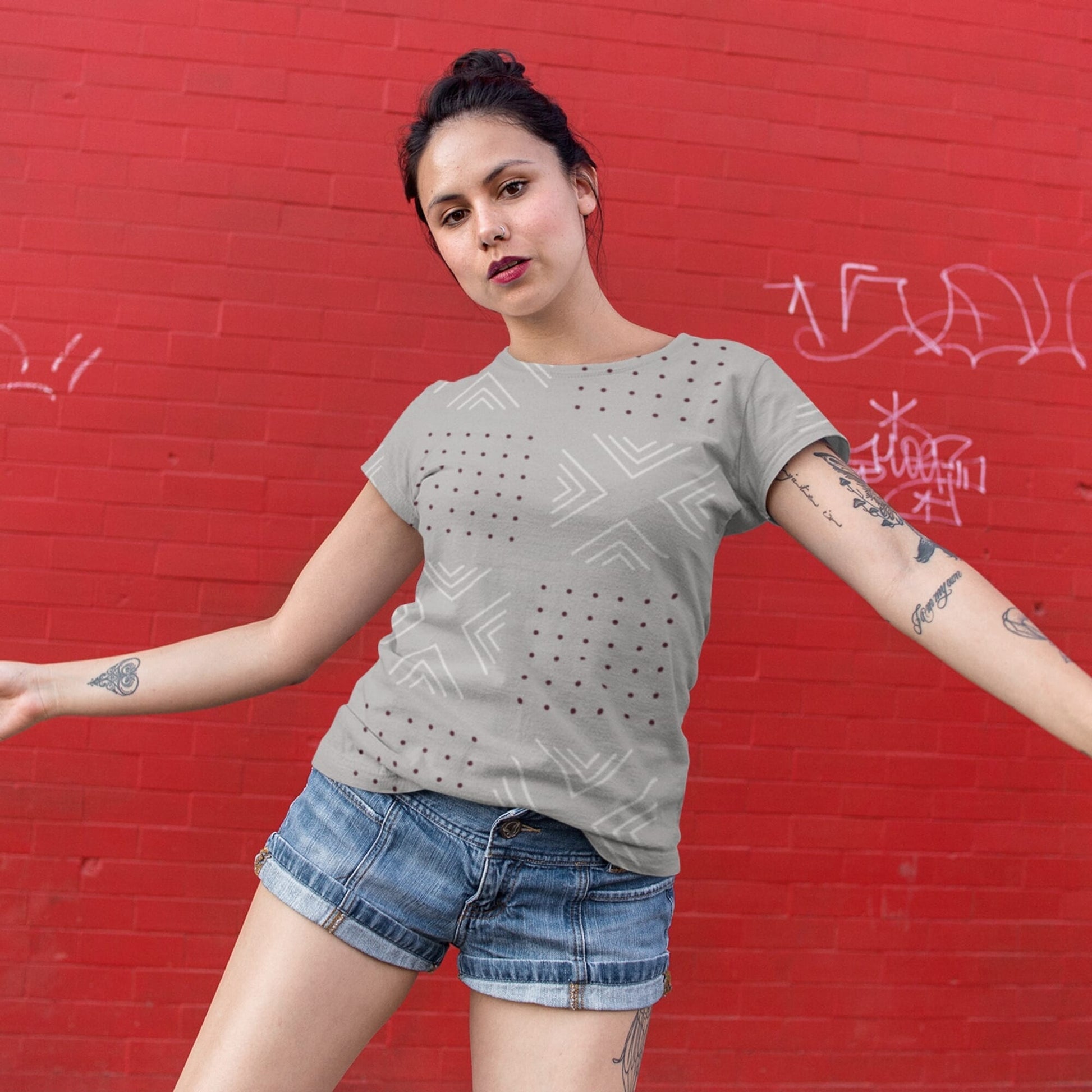 African print shirts for ladies: Geometric Gray with Red T-Shirt Inkedjoy