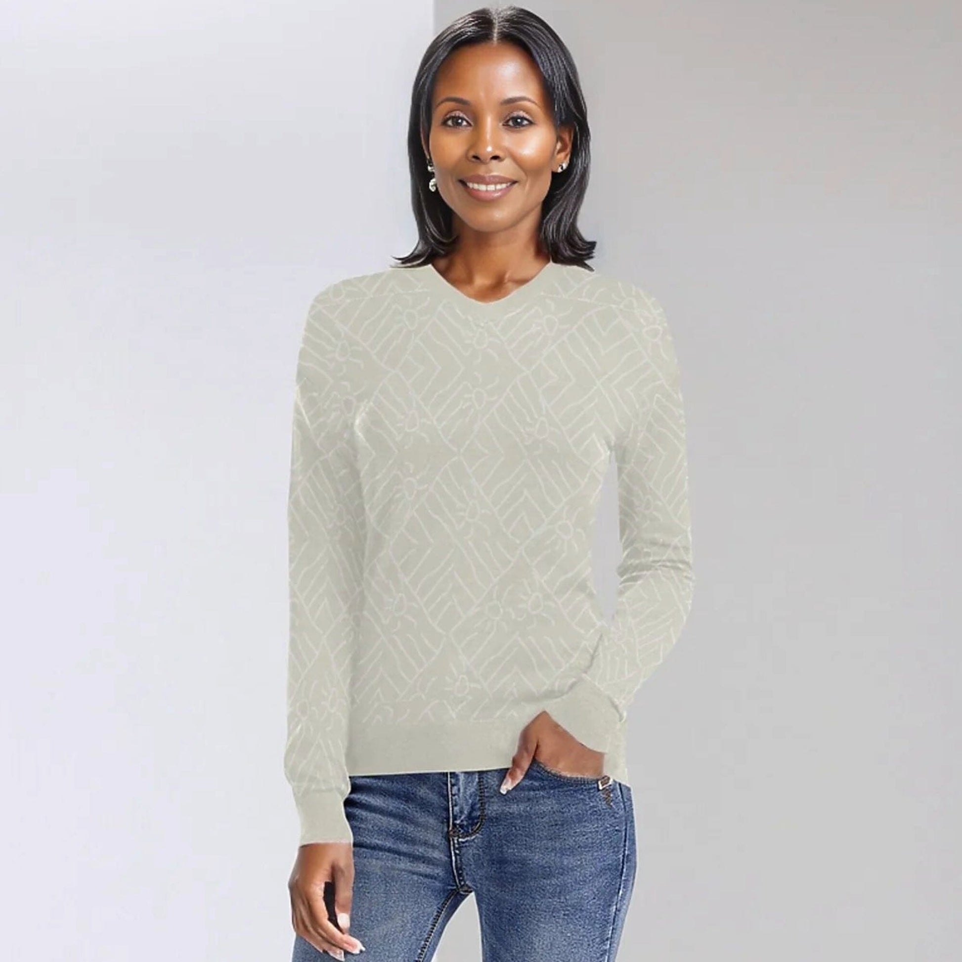 African Print Sweater V-neck for women in Ivory Sweater Inkedjoy