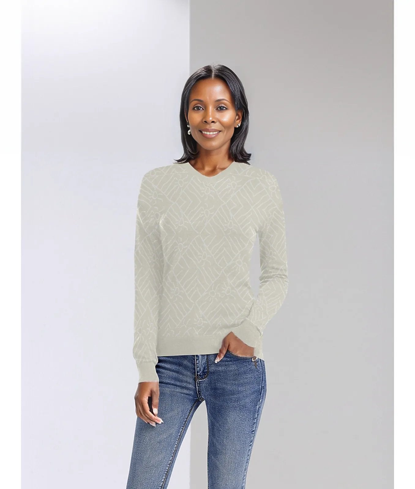 African print sweater v neck ivory