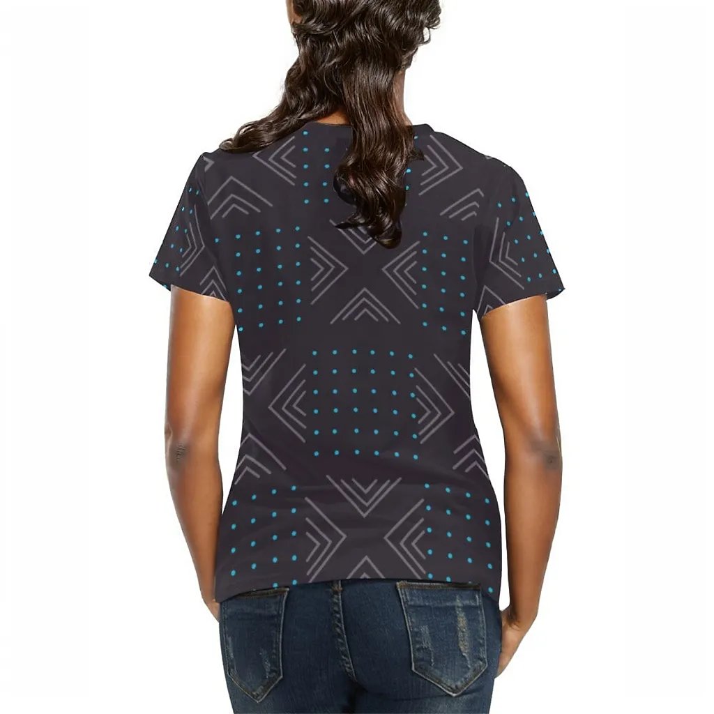 African print shirts for ladies: Geometric Dark Gray Blue T-Shirt Inkedjoy 