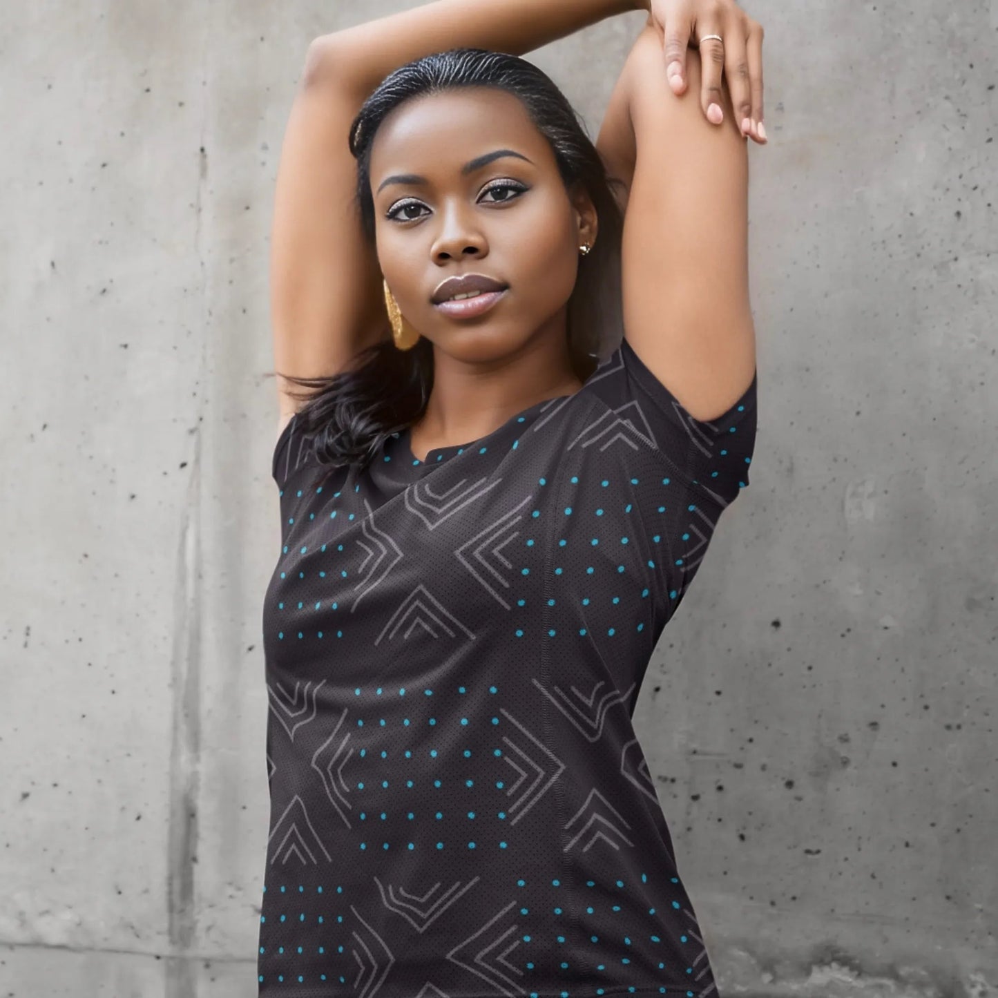 African print shirts for ladies: Geometric Dark Gray Blue T-Shirt Inkedjoy 