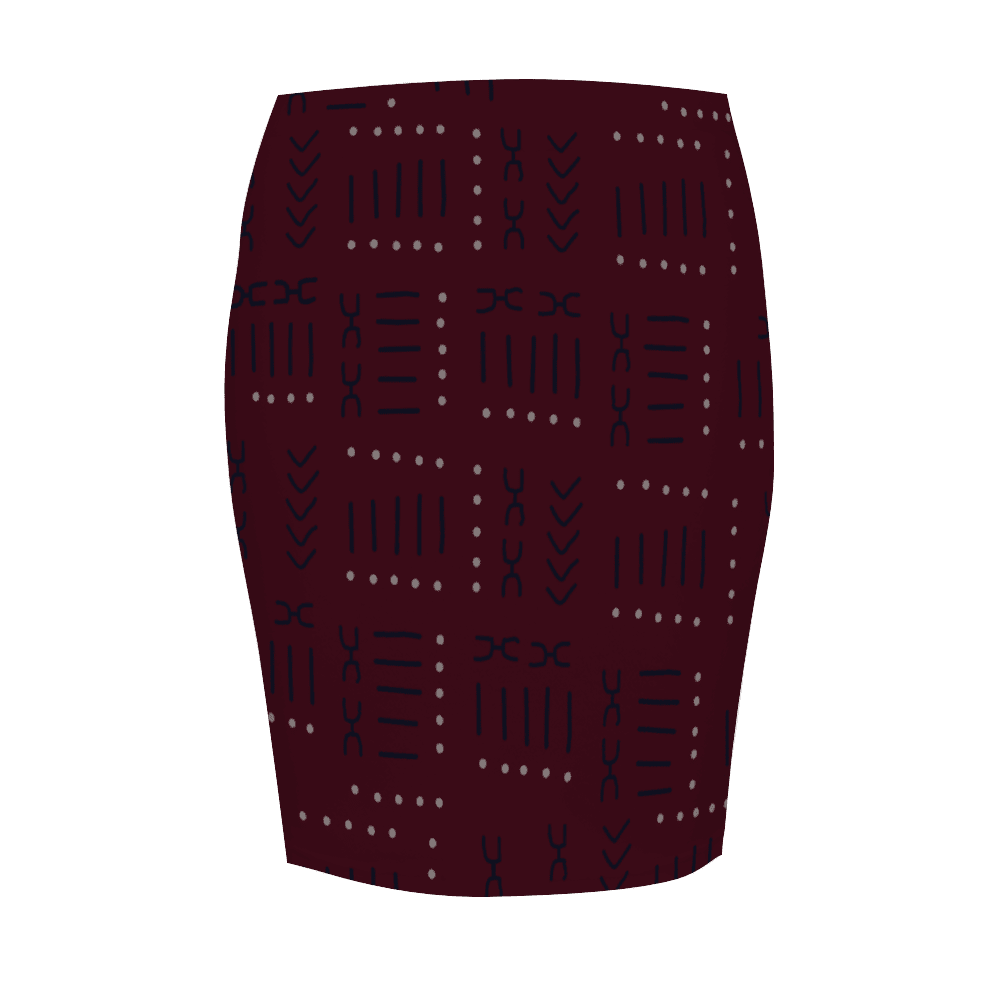 African Print Pencil Skirts Crimson with Mud Cloth Design, Fitted
